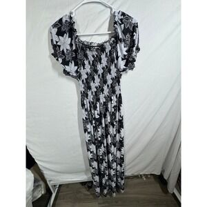 Seven Island Maxi Dress Black White Floral Smocked Off Shoulder Boho Vacation